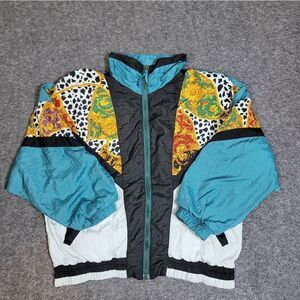 Vintage 90s River Edge Sport Windbreaker Women Jacket M Colorblock Baroque Print